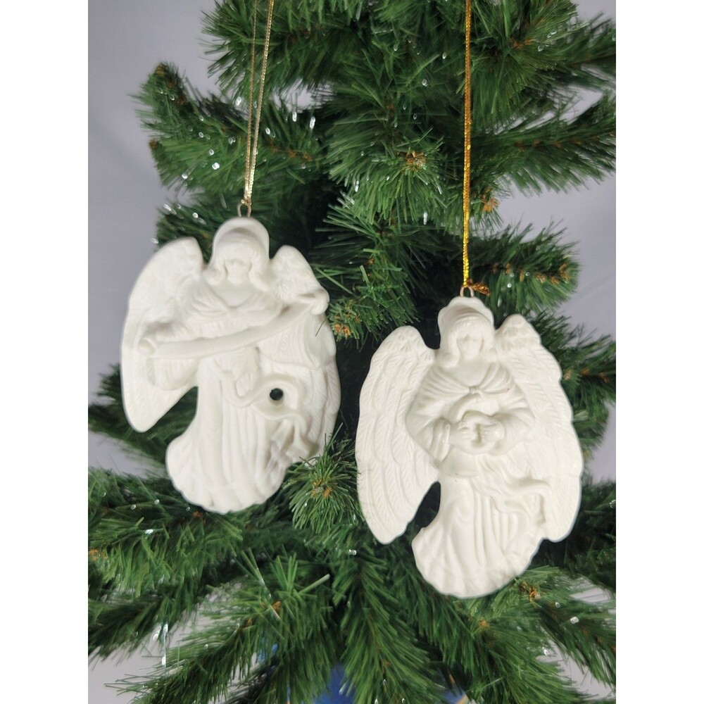 Vintage White Bisque Porcelain Angel Ornaments Set of 2 Christmas Holiday
